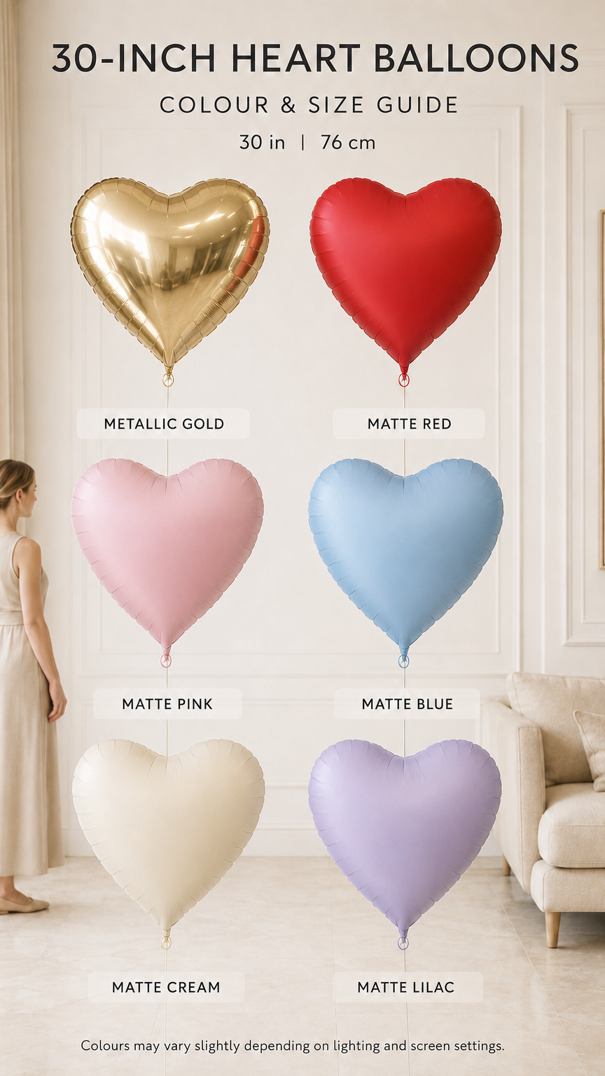30-inch heart balloon colour and size guide showing metallic gold, matte red, matte pink, matte blue, matte cream, and matte lilac