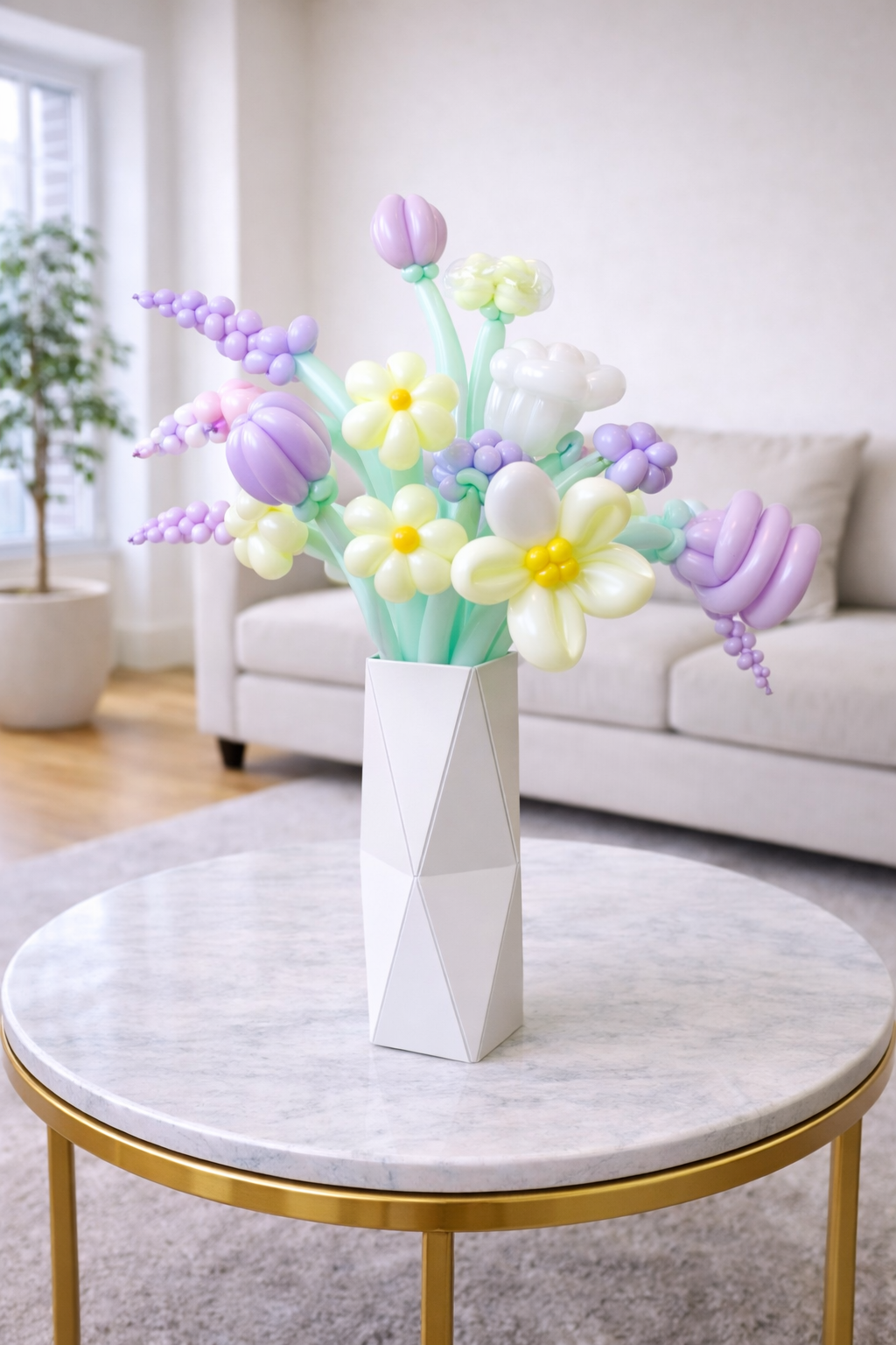 Custom flower balloon bouquet with pastel balloon flowers in a vase for baby showers, bridal showers, and events
