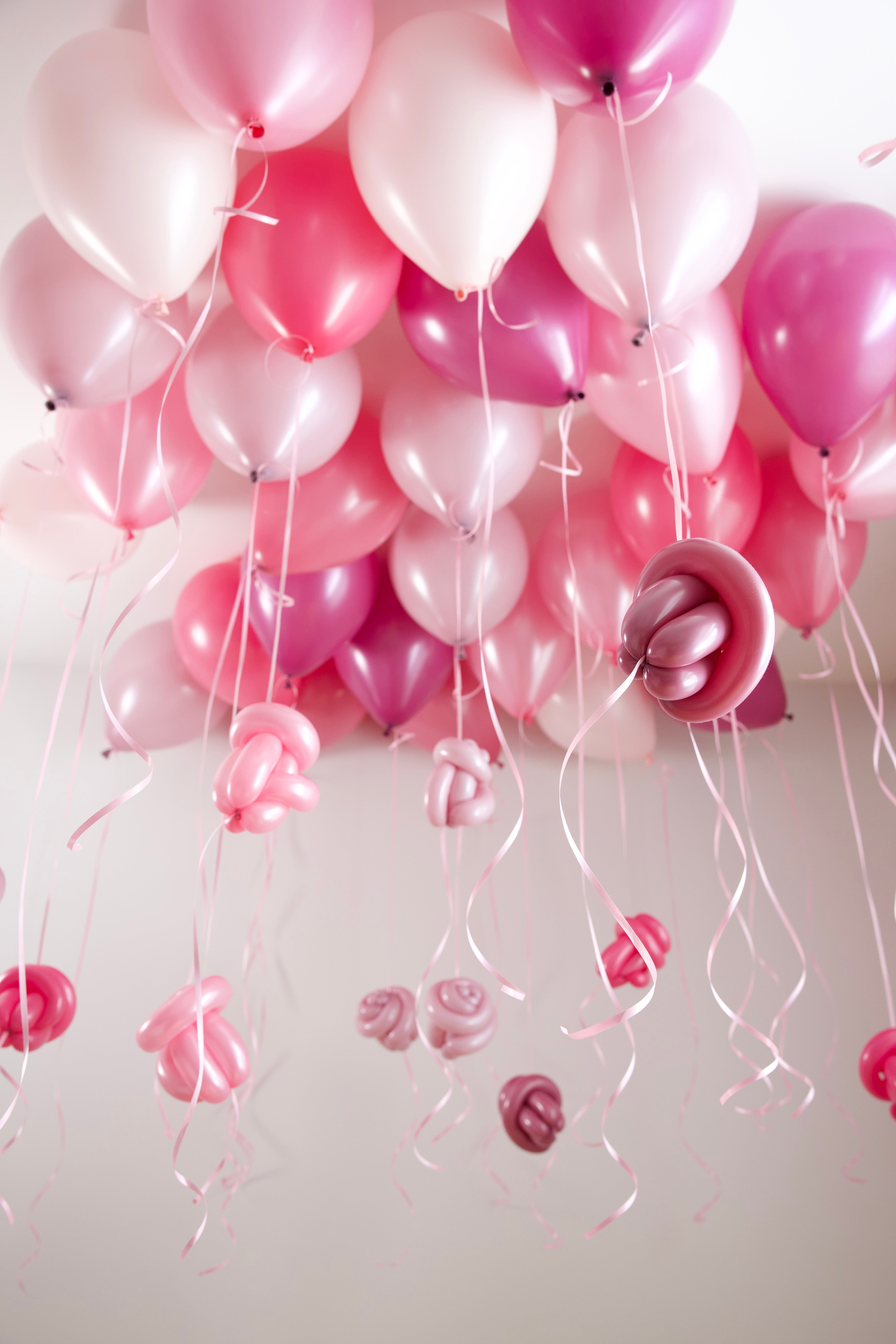 30 Blush Pink Ceiling Balloon Installation – Floating Rose Drop Design