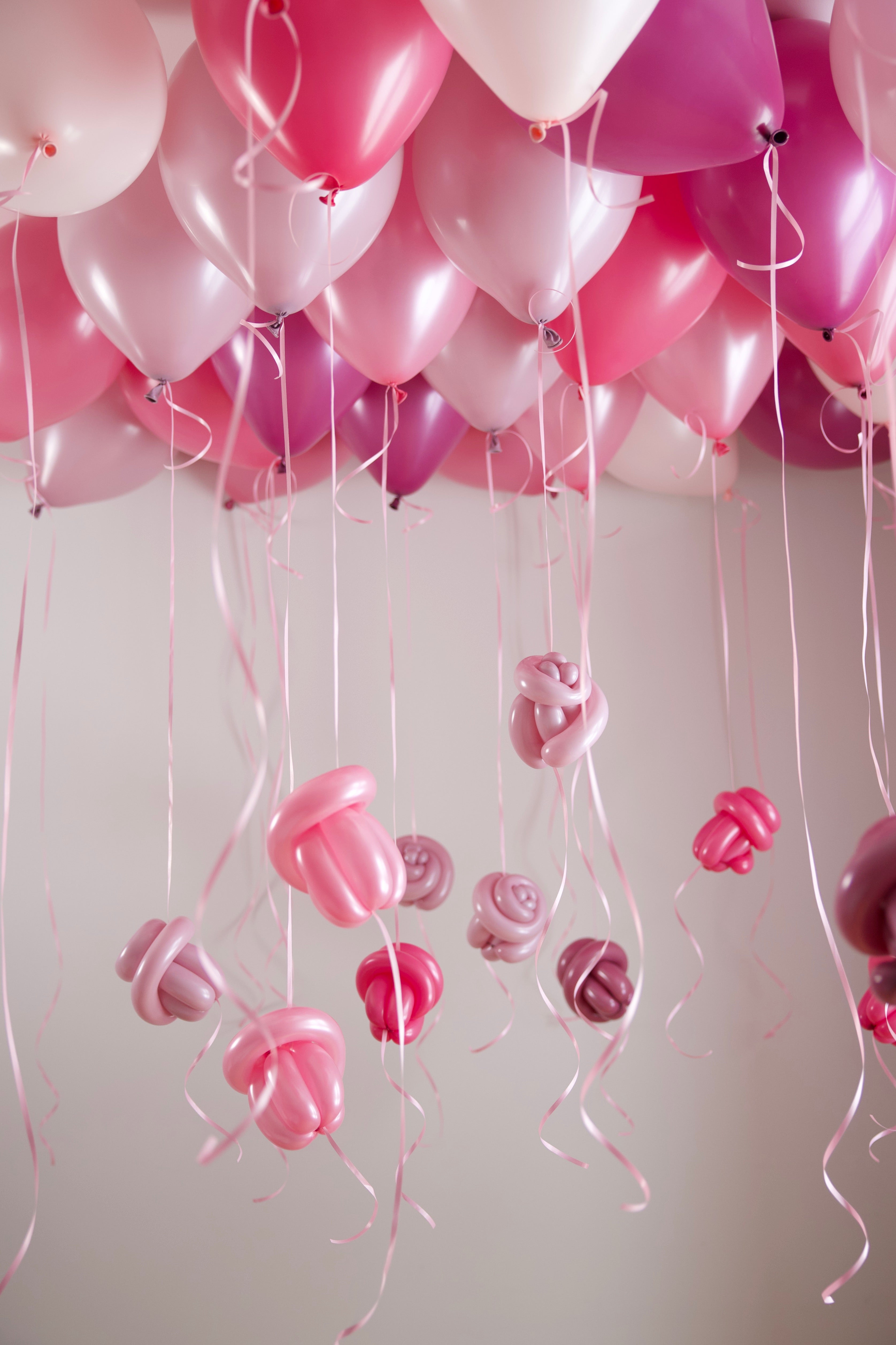 30 Blush Pink Ceiling Balloon Installation – Floating Rose Drop Design