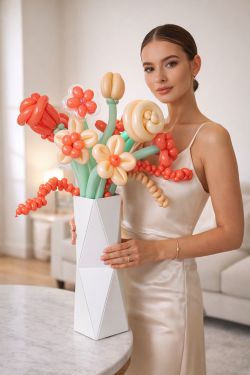Balloon flower vase bouquet with pastel peach, coral, cream, and mint blooms in a geometric vase