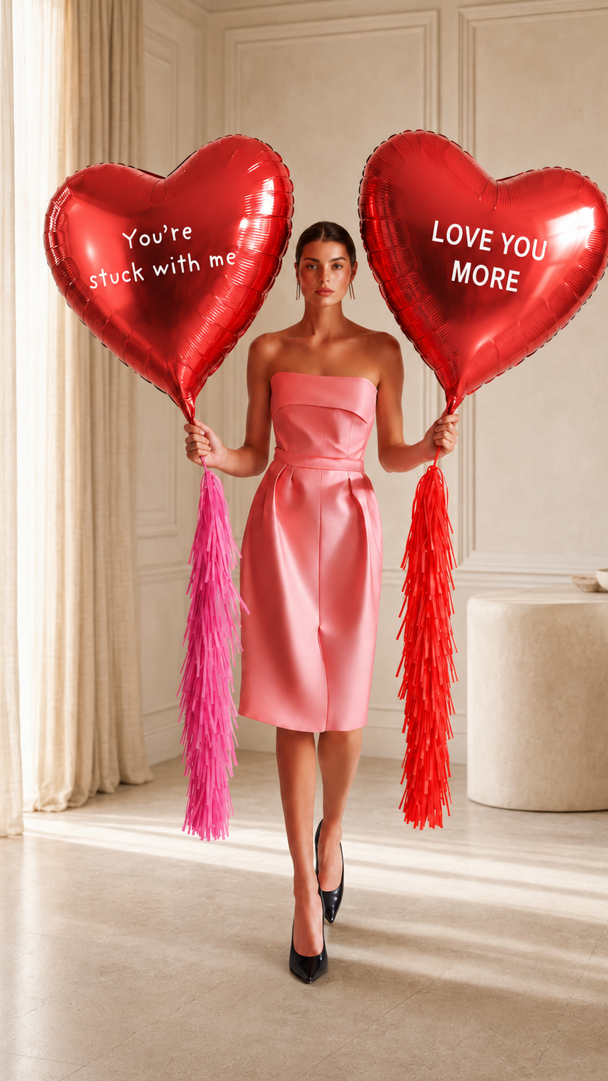 Luxury red heart balloon bouquet with custom message and pink tassels in Toronto