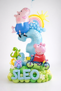 Peppa Pig Balloon Number Stack with custom foil number, character balloons, rainbow accents, sunshine details, and personalized name styling.