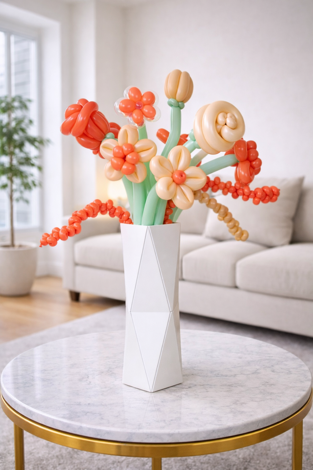 Balloon flower arrangement in a white vase on a marble table in a living room.