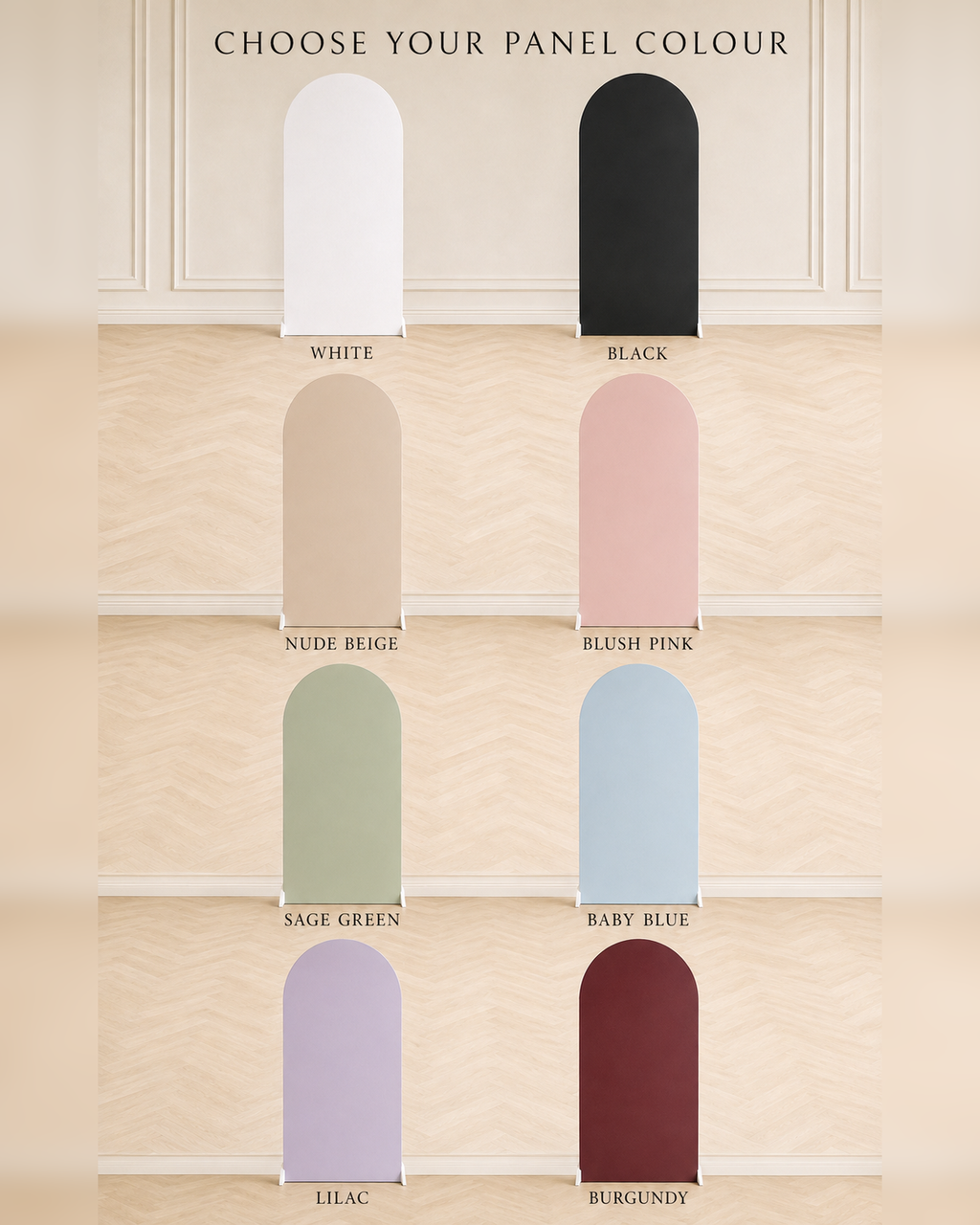Colour options for the arched wooden backdrop panel rental