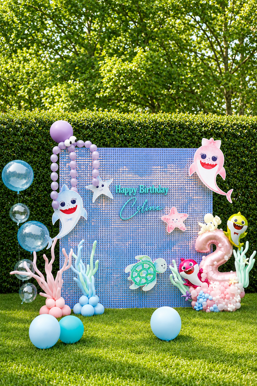 Baby Shark second birthday balloon installation with pastel shimmer wall in Toronto