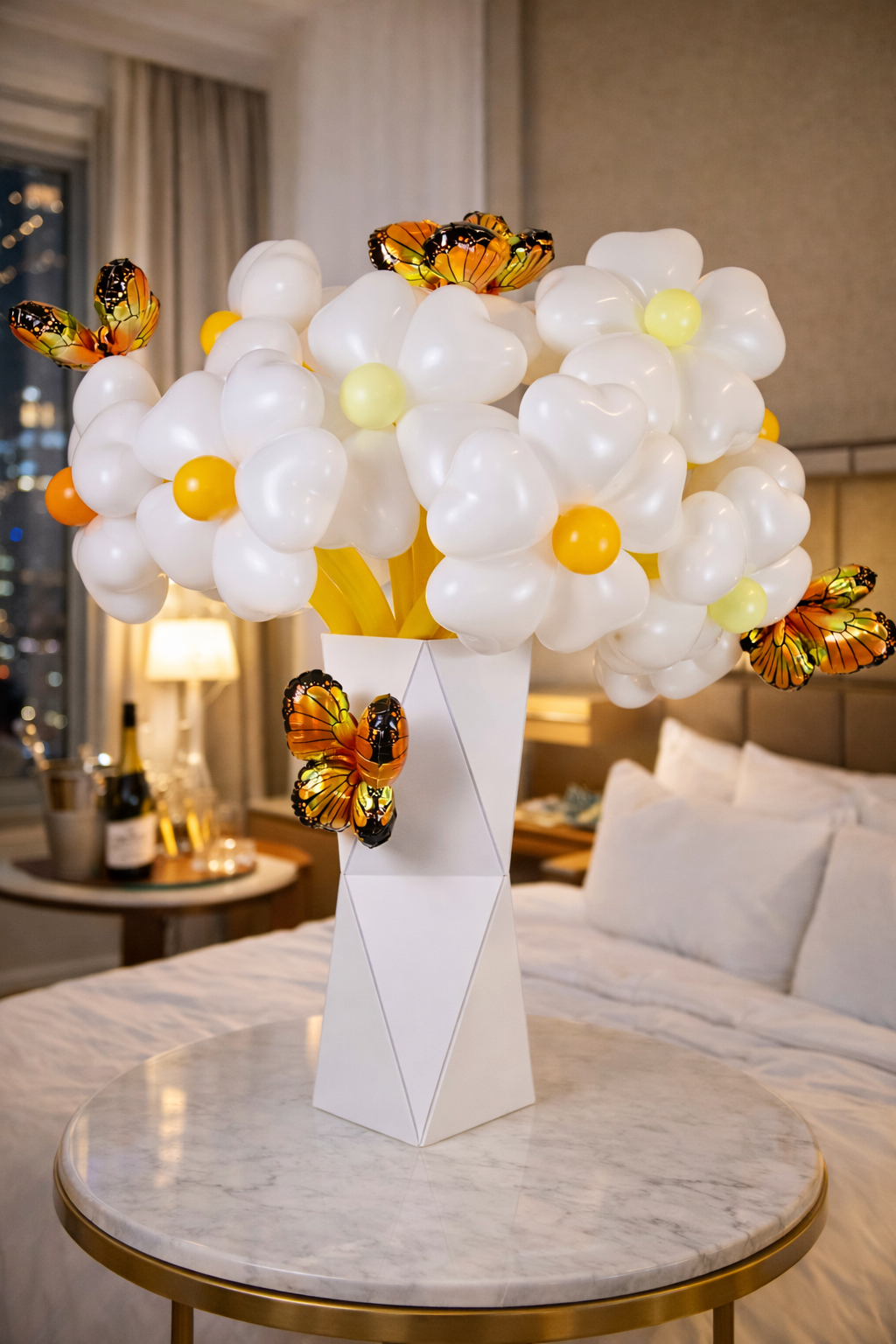 Luxury white balloon daisy bouquet with decorative butterflies in elegant vase for balloon decor in Toronto.
