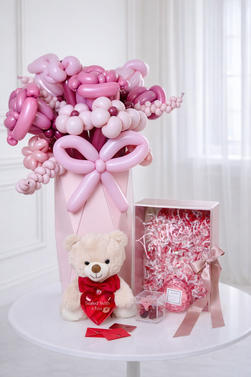 Balloon Flower Bouquet Gift Set with pink balloon flowers, teddy bear, candle, and message cards
