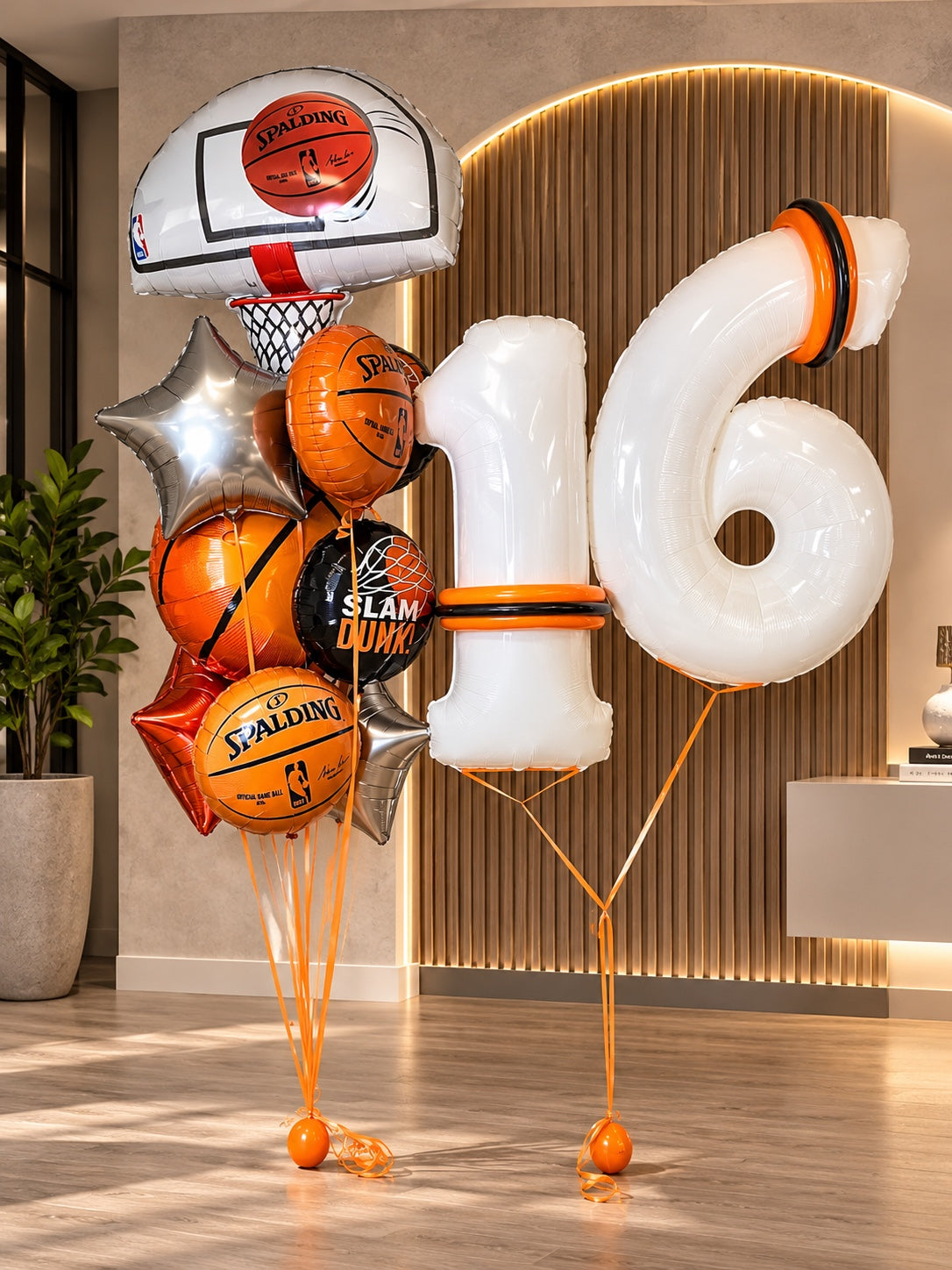 Basketball birthday balloon bouquet with orange basketball foils and white number 16