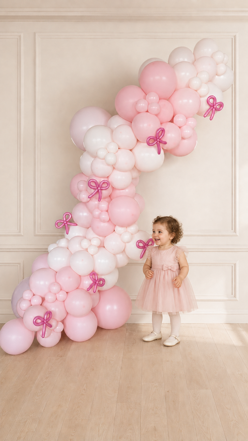 Baby girl beside a blush pink bow balloon garland installation for a first birthday celebration in Toronto