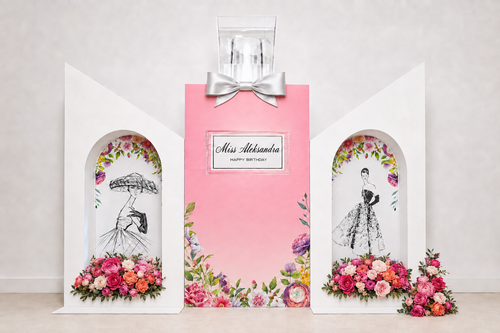 Blush pink fashion-themed floral architectural birthday backdrop installation in Toronto
