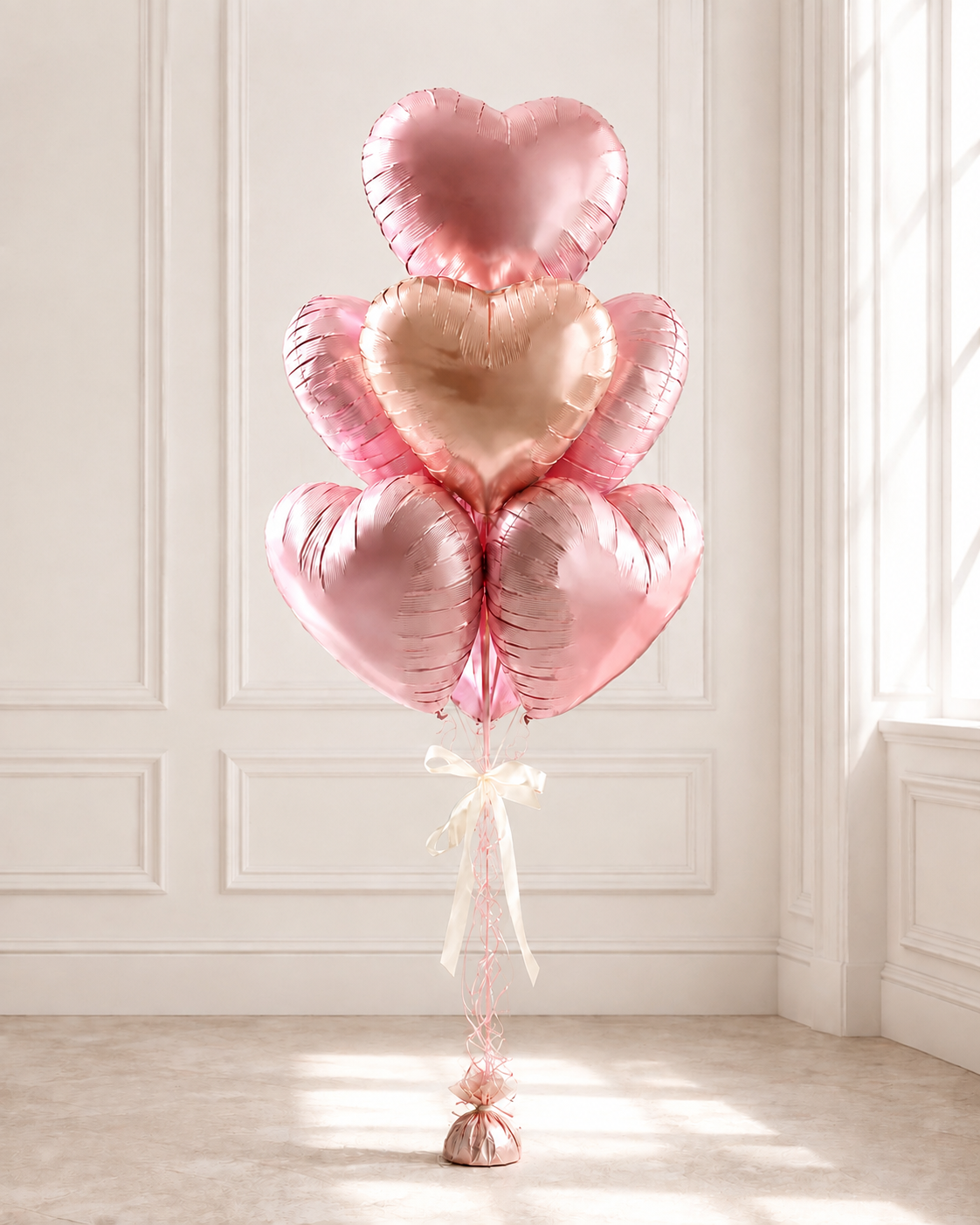 Luxury blush and champagne metallic heart balloon bouquet with ivory satin bow and balloon weight