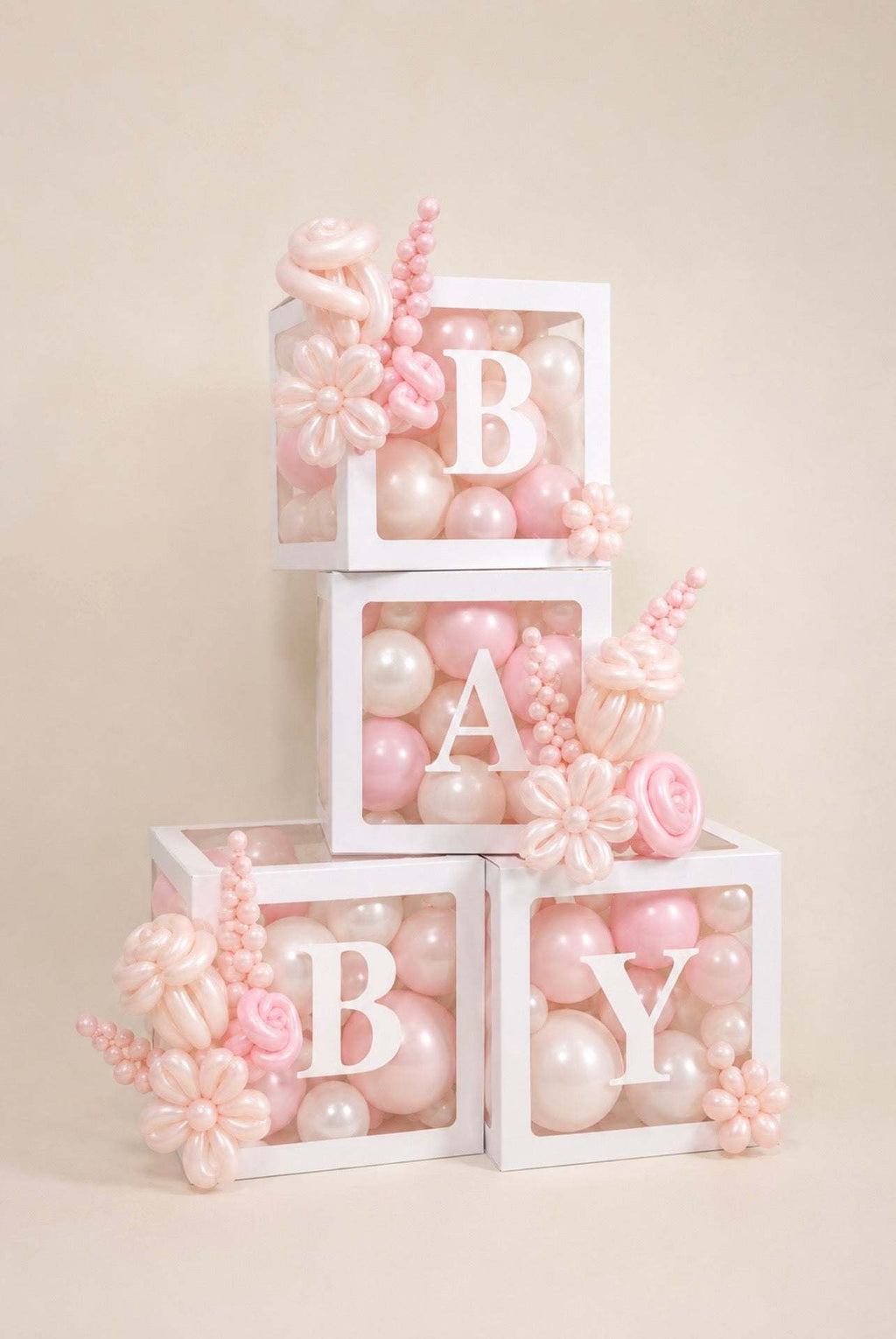 Blush Pink BABY balloon box display with sculptural balloon flowers in Toronto
