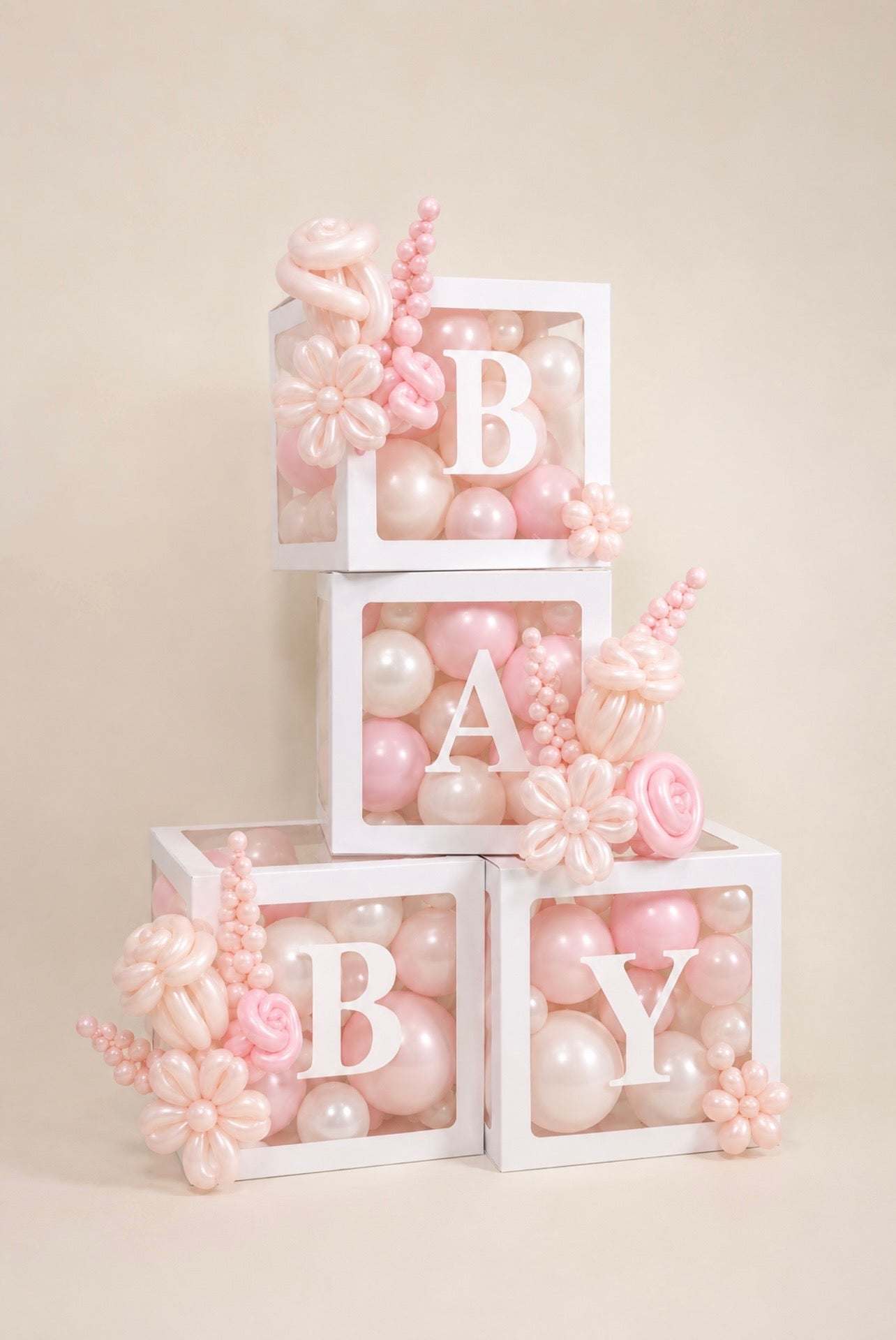 Blush Pink BABY balloon box display with sculptural balloon flowers in Toronto