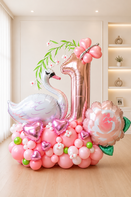 Blush Swan Garden birthday balloon display with oversized white swan, blush number balloon, pink balloons, flowers, and greenery