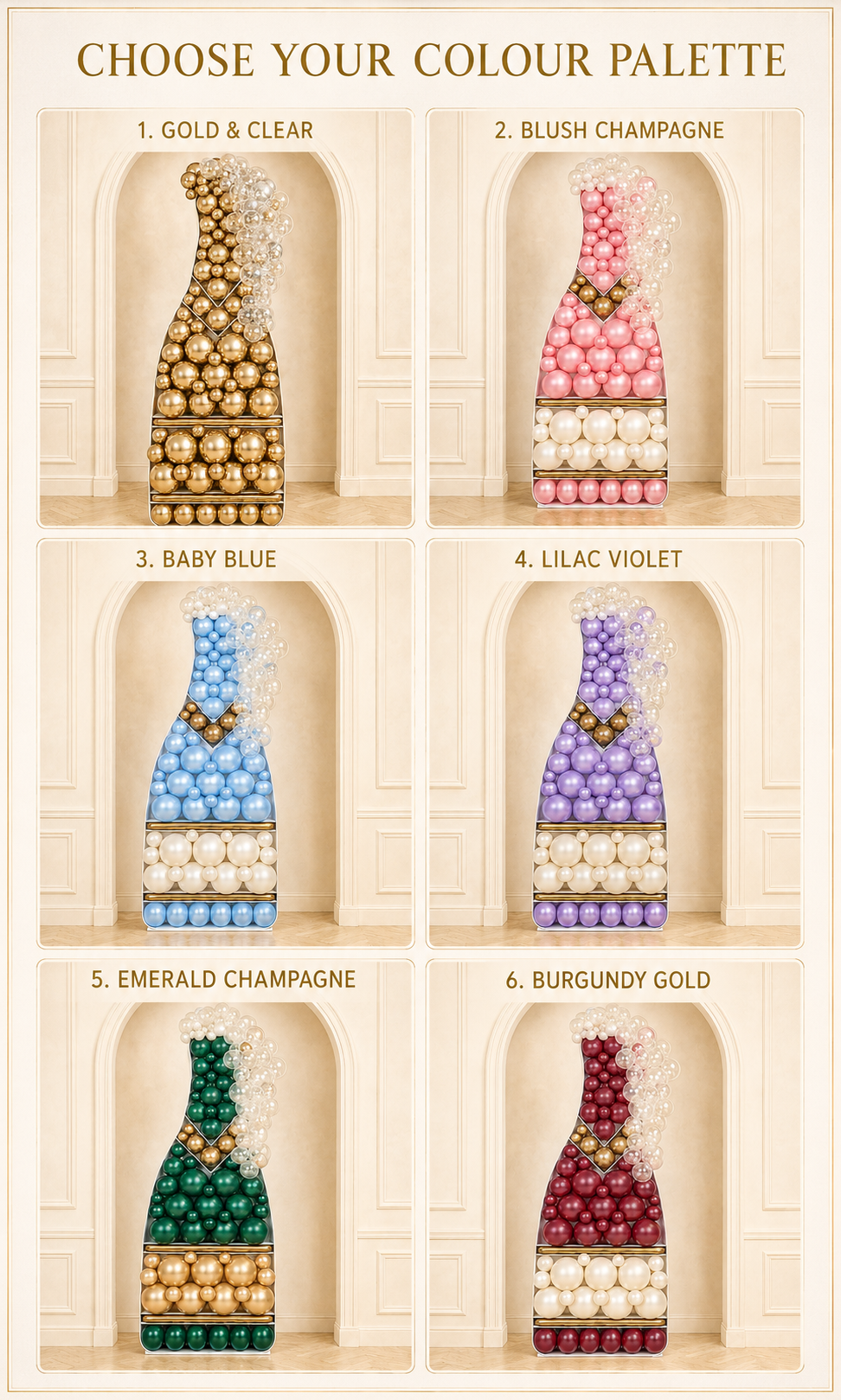Colour options for the luxury champagne bottle balloon display: gold, blush, blue, lilac, emerald and burgundy