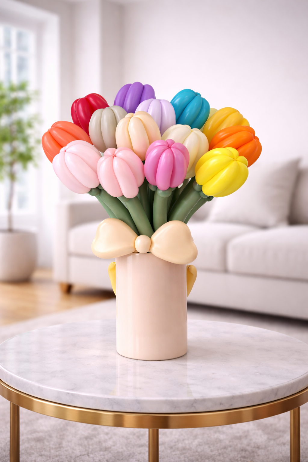 Colorful balloon tulip bouquet in decorative vase for balloon flower gift and party decoration in Toronto.