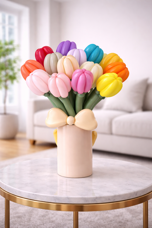 Colorful Balloon Tulip Bouquet with handmade balloon tulips in a decorative vase