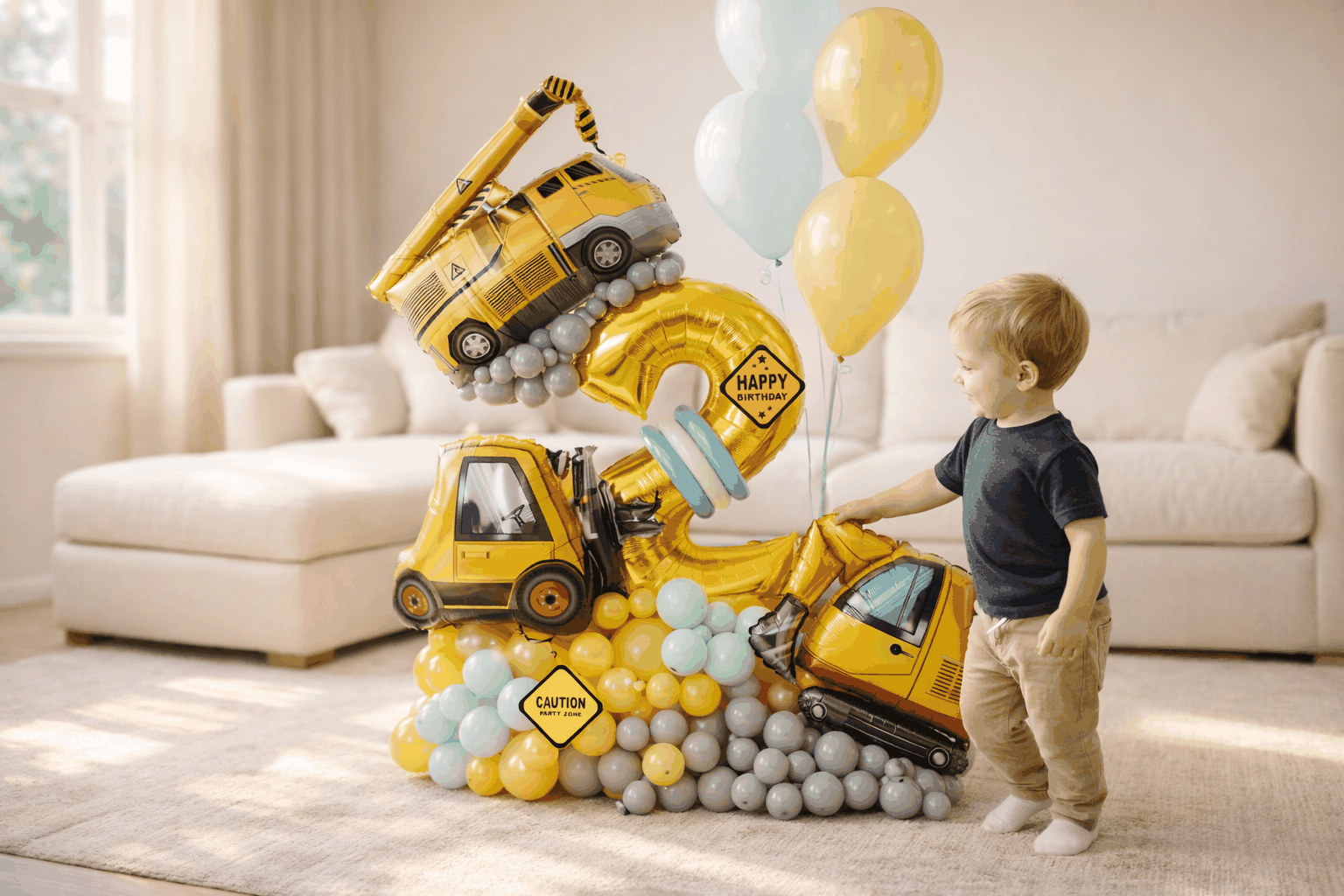 Construction-themed birthday balloon display with large age number, vehicle accents and organic balloon base