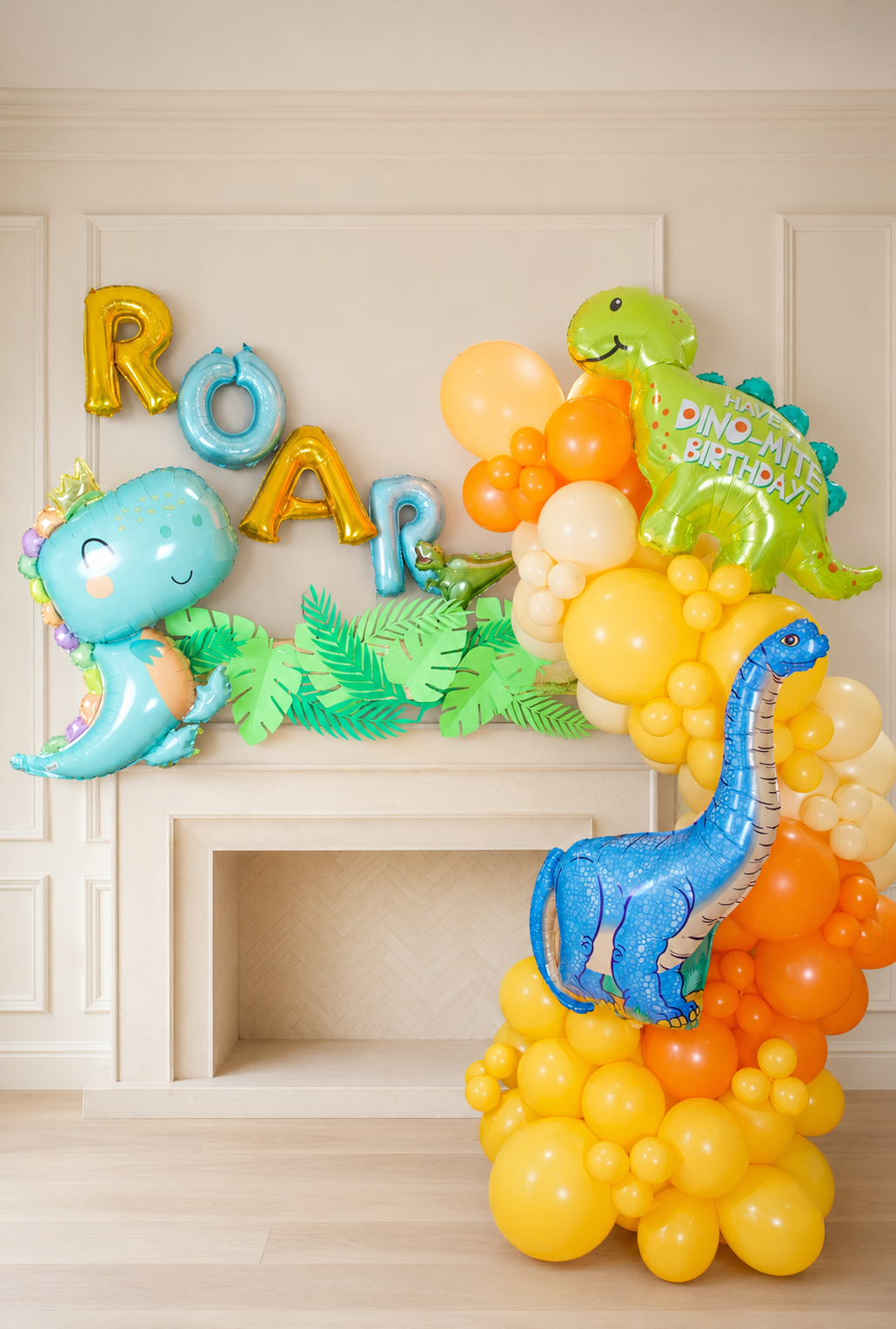 Dinosaur birthday balloon garland installation with colourful dinosaur balloons and custom name letters in Toronto