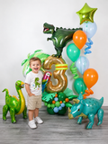 Dinosaur Jungle Balloon Centerpiece with custom number balloon, T-Rex accent, jungle leaves, bright balloons, and Toronto GTA delivery.