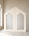 Warm ivory double architectural arch backdrop rental, approximately 8 ft wide and 8 ft high, Toronto and GTA