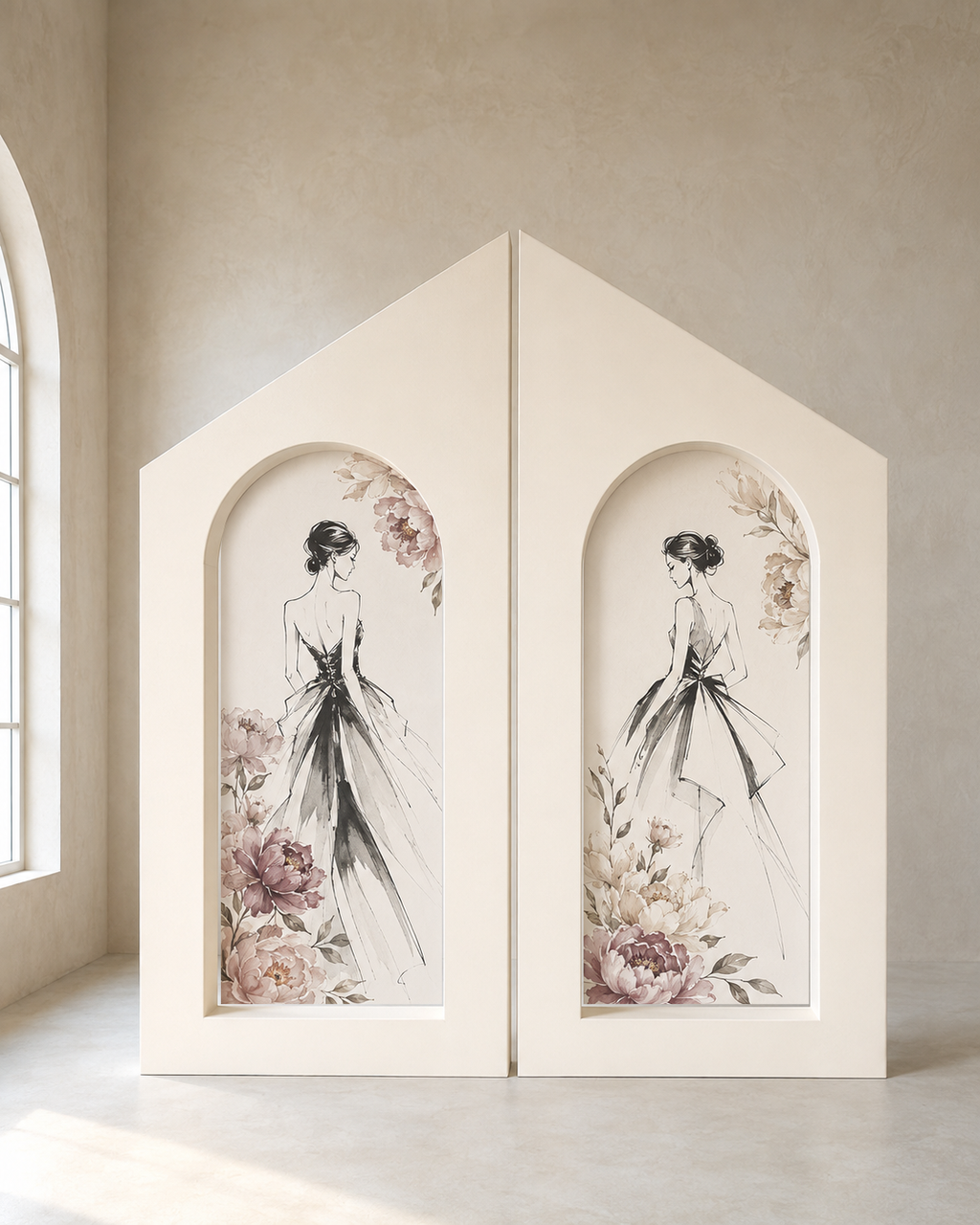 Double architectural arch backdrop rental with custom printed fashion and floral inserts, Toronto and GTA