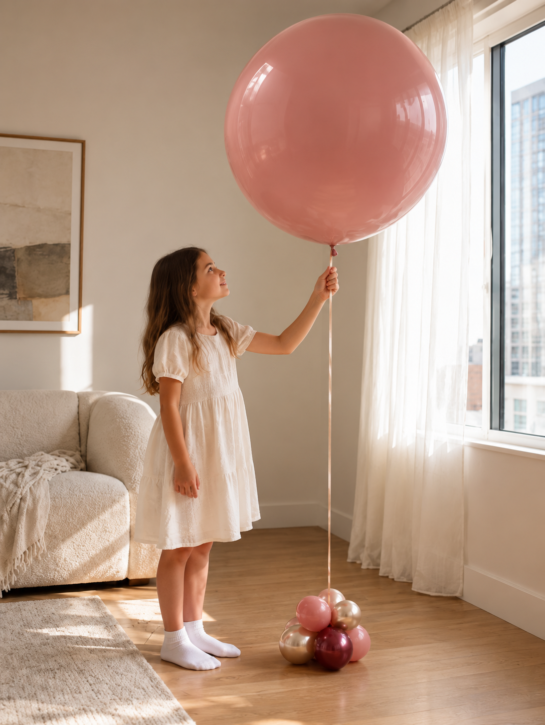 Dusty rose 3 ft jumbo balloon with a slim ribbon and coordinating balloon base
