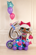 Fashion doll number 6 balloon display in silver, purple, turquoise and pink for a girls birthday in Toronto