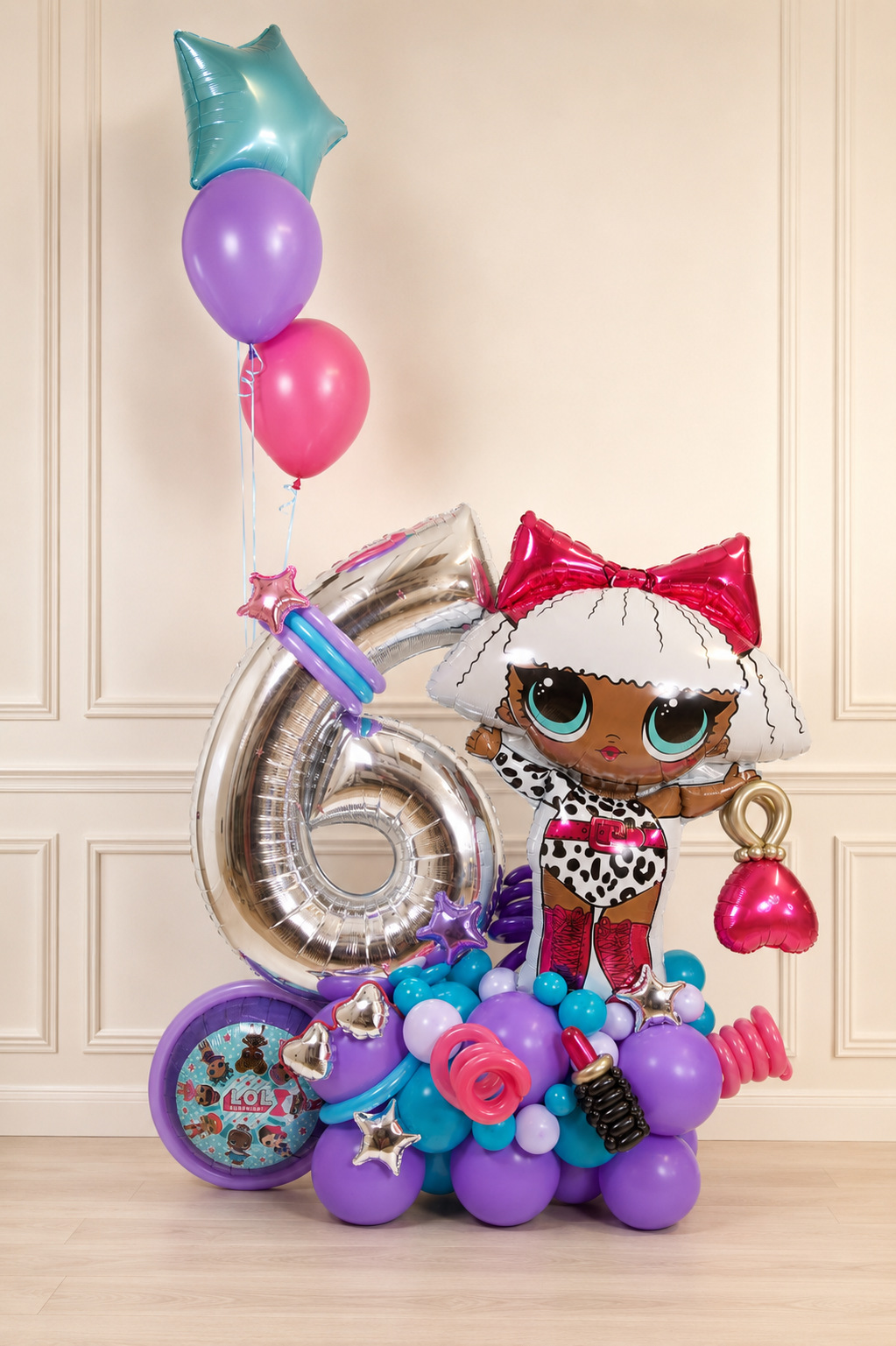 Fashion doll number 6 balloon display in silver, purple, turquoise and pink for a girls birthday in Toronto