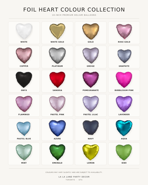 18-inch foil heart balloon colour chart with 24 premium colours available in Toronto and the GTA