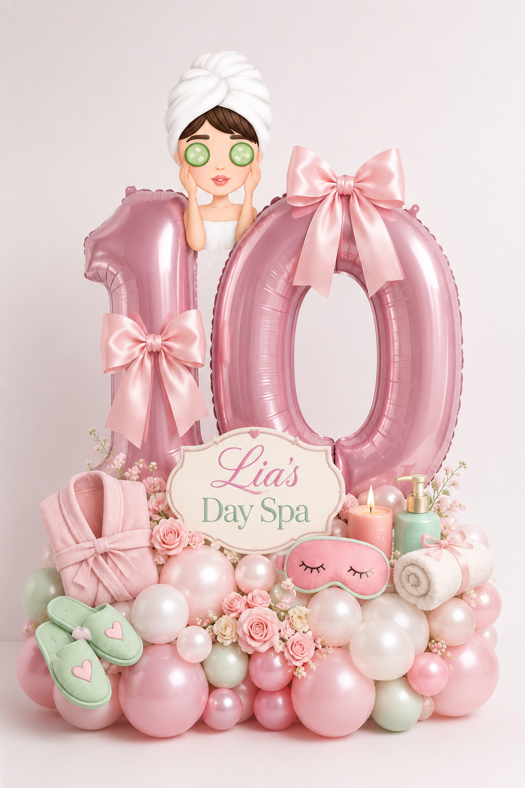 Pink spa birthday balloon arrangement with personalized number balloons, spa accessories and flowers for a girls birthday in Toronto