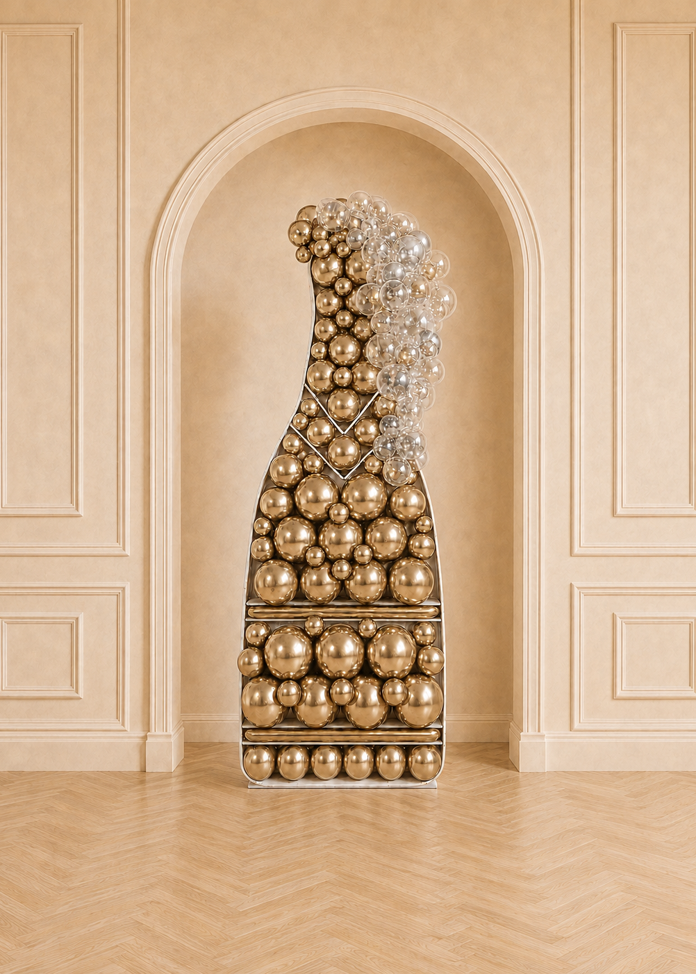 Full-room view of a gold champagne bottle balloon display for luxury birthday celebrations