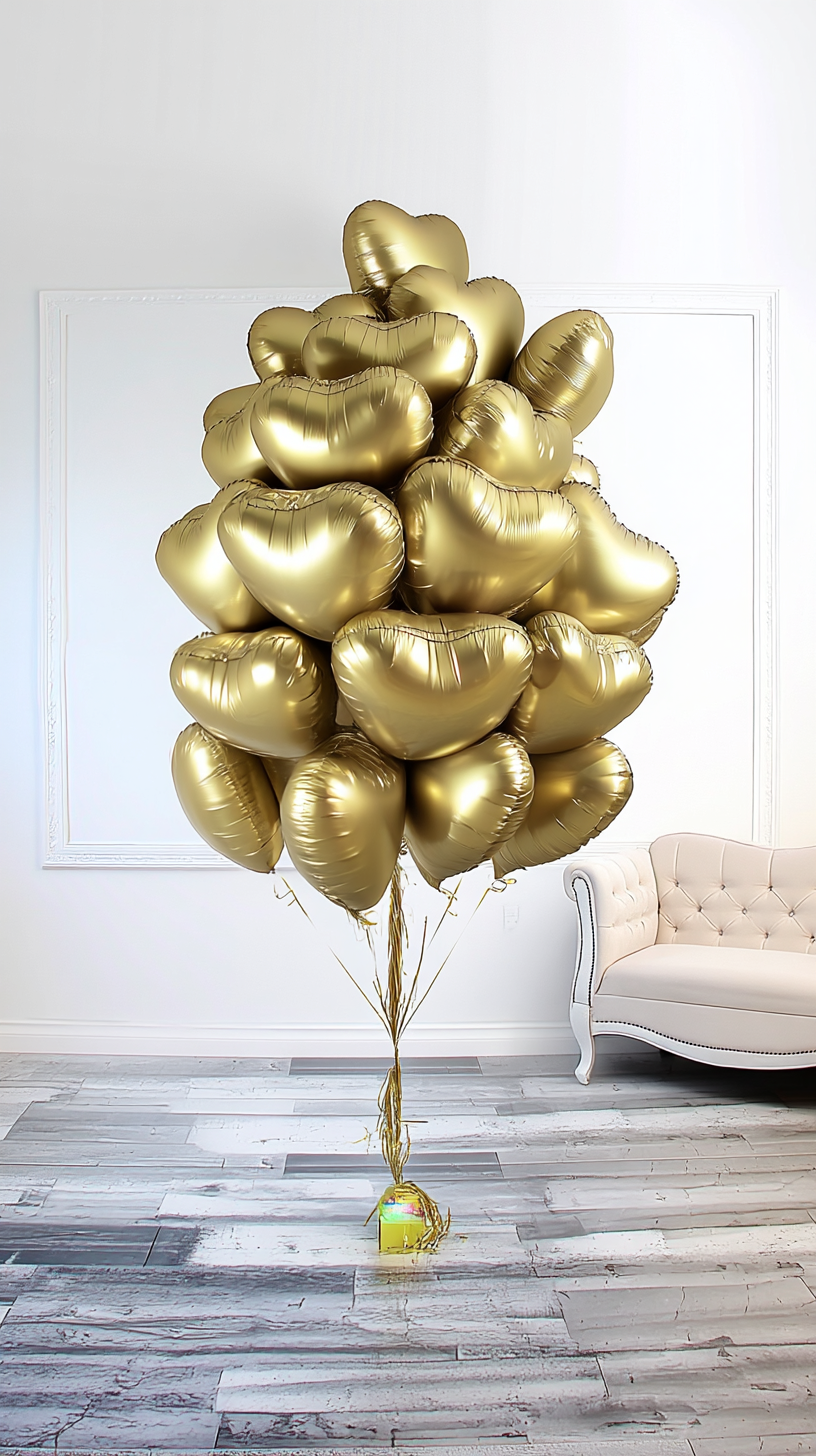 Luxury gold heart helium balloon bouquet for romantic celebrations and events with balloon delivery in Toronto.