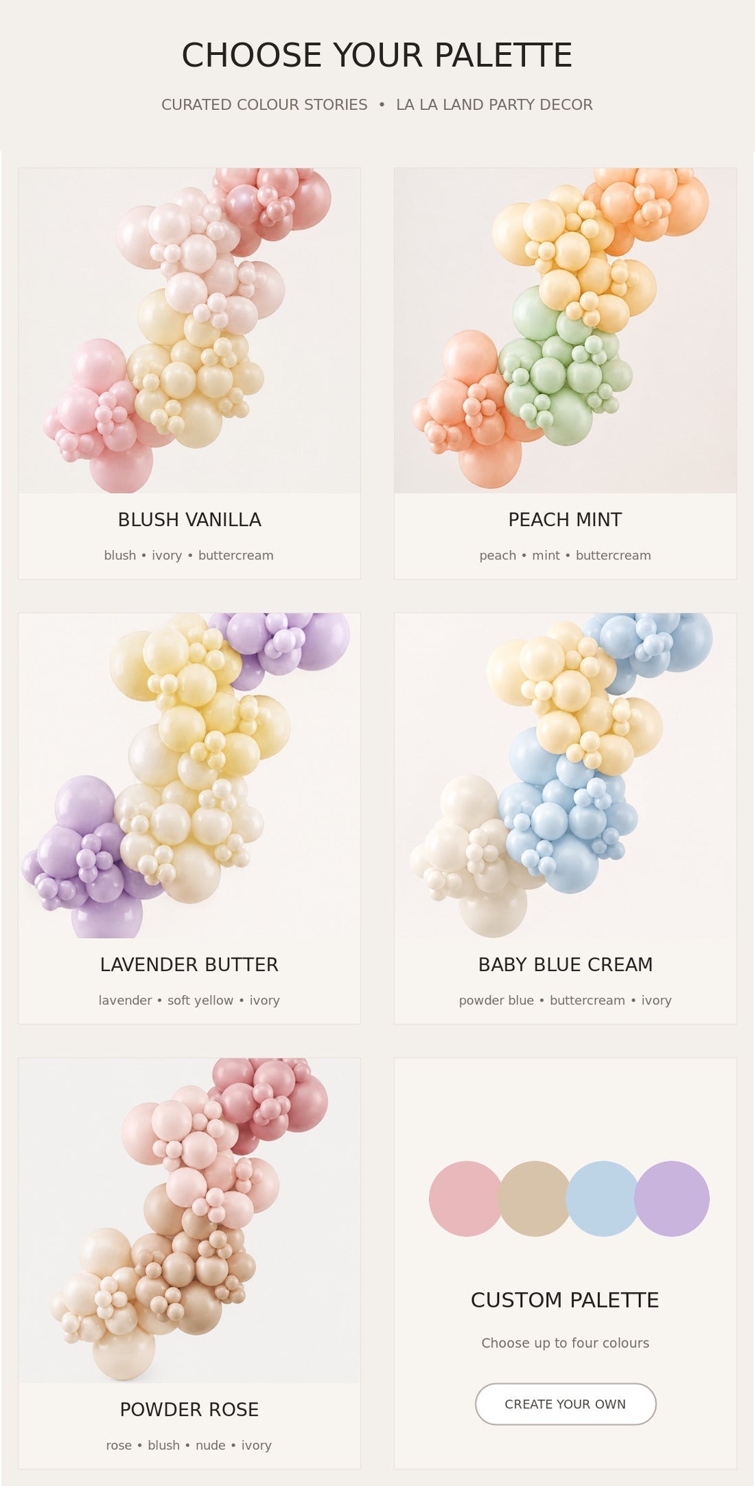 Visual colour palette chart for pre-inflated Grab and Go balloon garlands