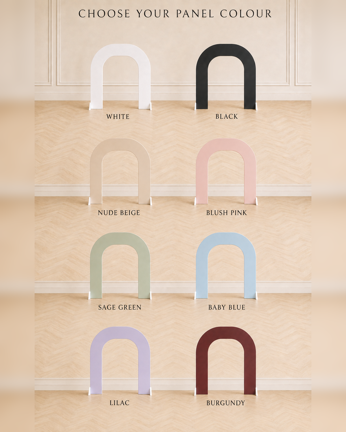 Eight colour options for the 6.5 ft by 4 ft hollow arch backdrop frame rental