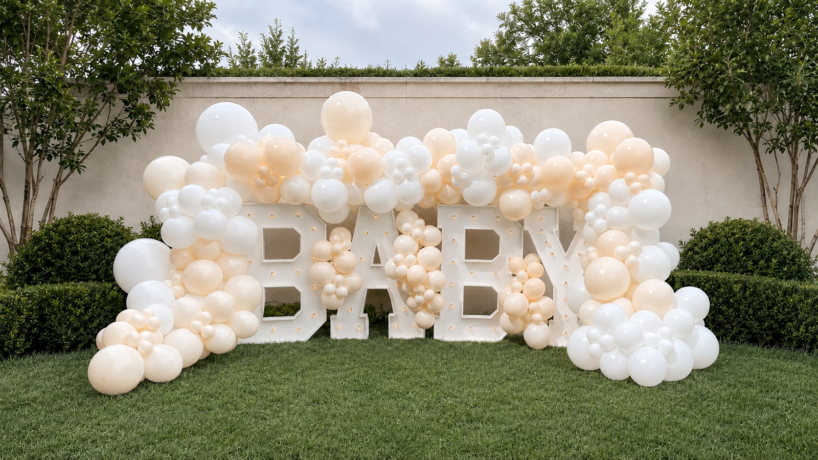 Ivory BABY marquee balloon installation with oversized illuminated letters and organic ivory, cream, and white balloons for luxury baby celebrations