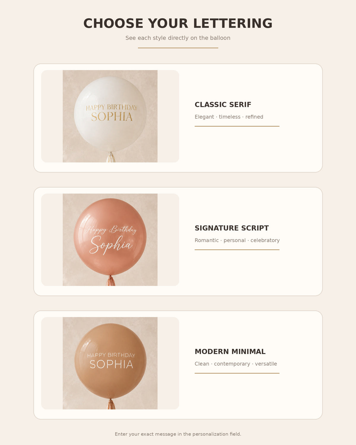 Classic Serif Signature Script and Modern Minimal lettering styles shown on jumbo balloons