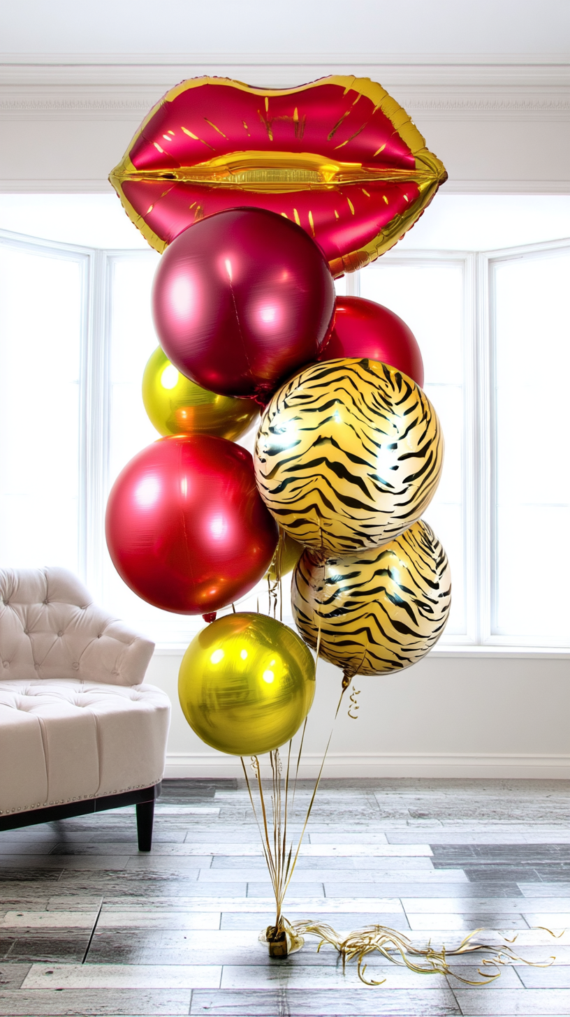 Luxury red and gold helium balloon bouquet with large lips foil balloon and tiger print balloons for romantic celebrations and balloon delivery in Toronto.