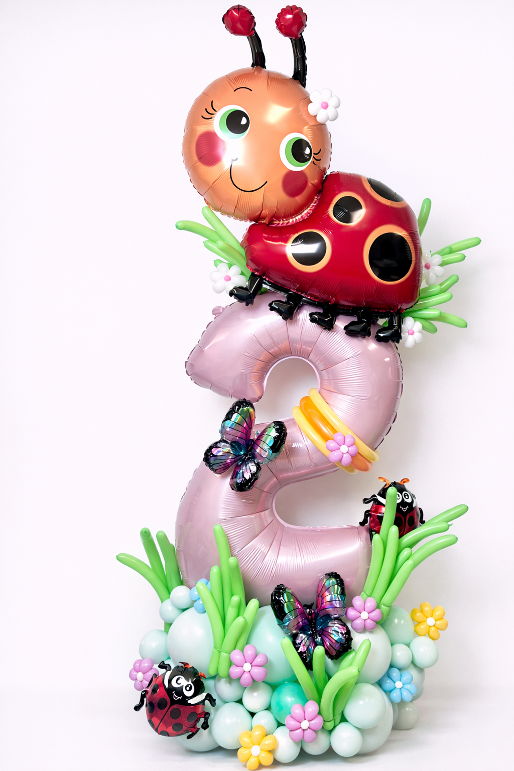 Ladybug birthday balloon display with a custom number and garden-inspired balloon details in Toronto
