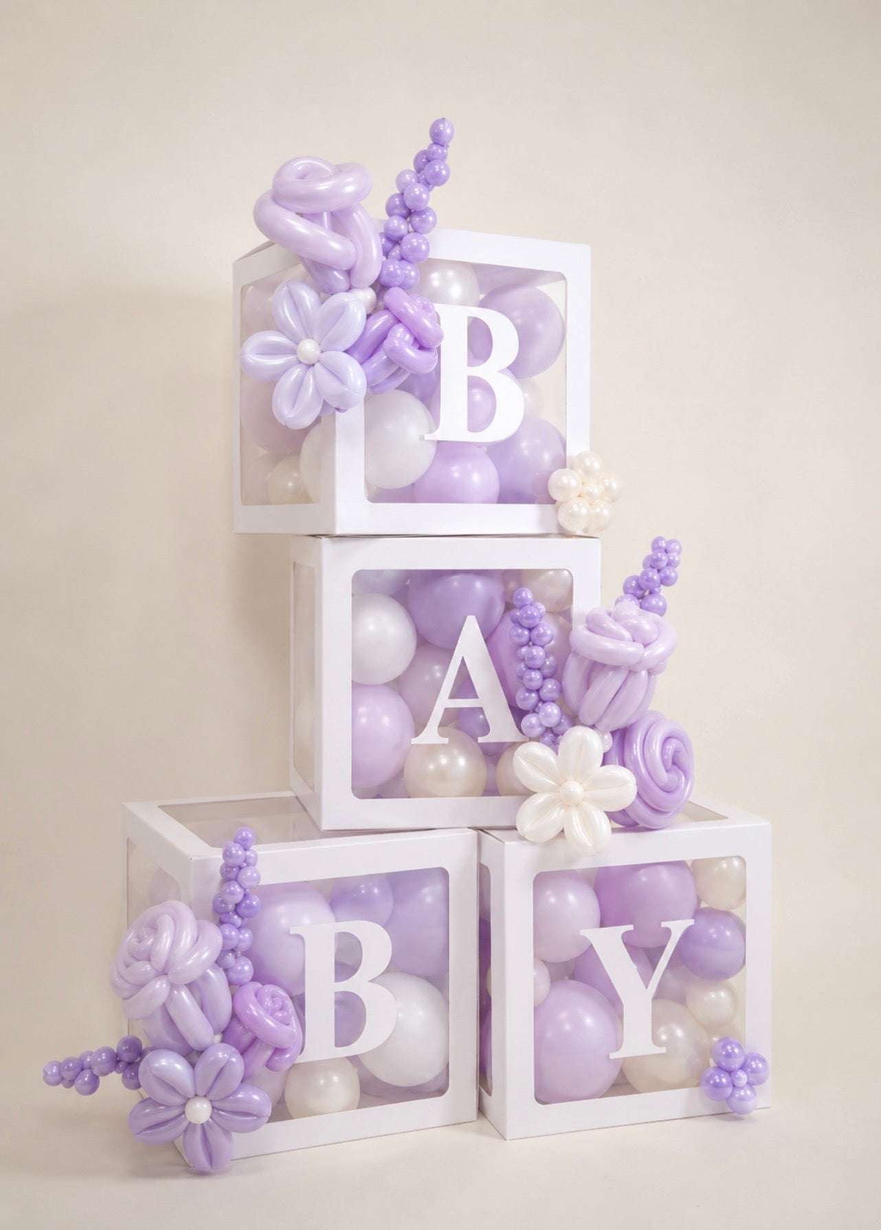 Lavender Pearl BABY balloon box display with sculptural balloon flowers in Toronto