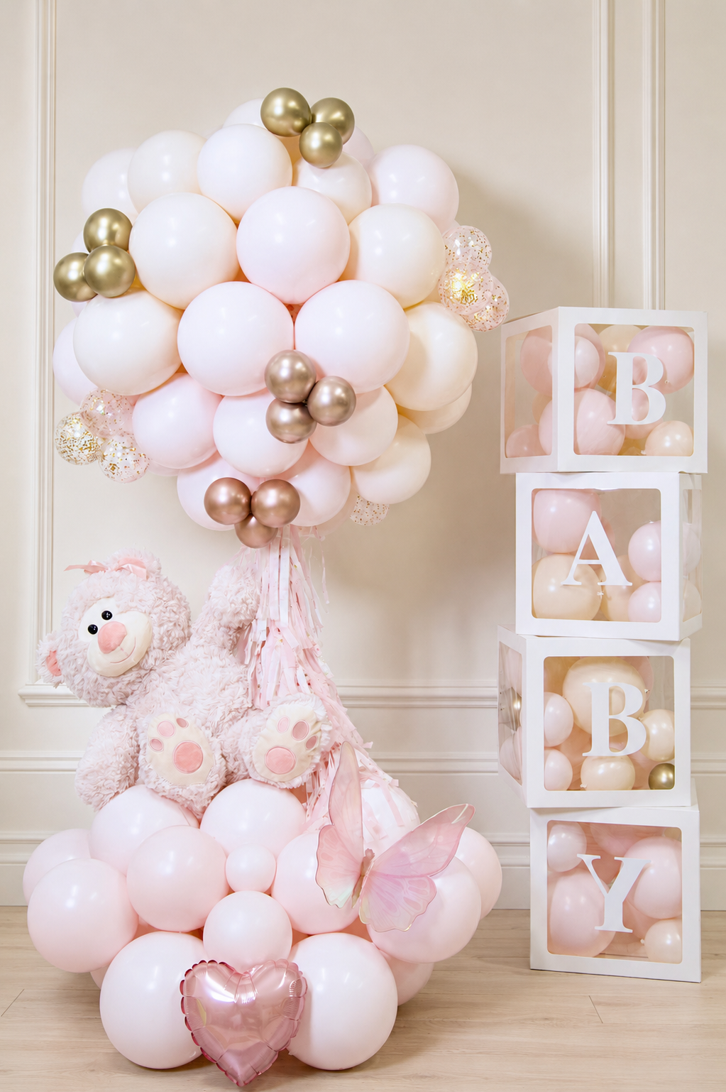 Luxury blush pink teddy bear baby balloon arrangement with BABY boxes in Toronto