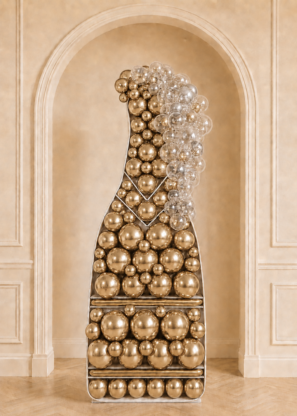 Luxury gold champagne bottle balloon display with cascading clear bubble balloons for elegant celebrations in Toronto