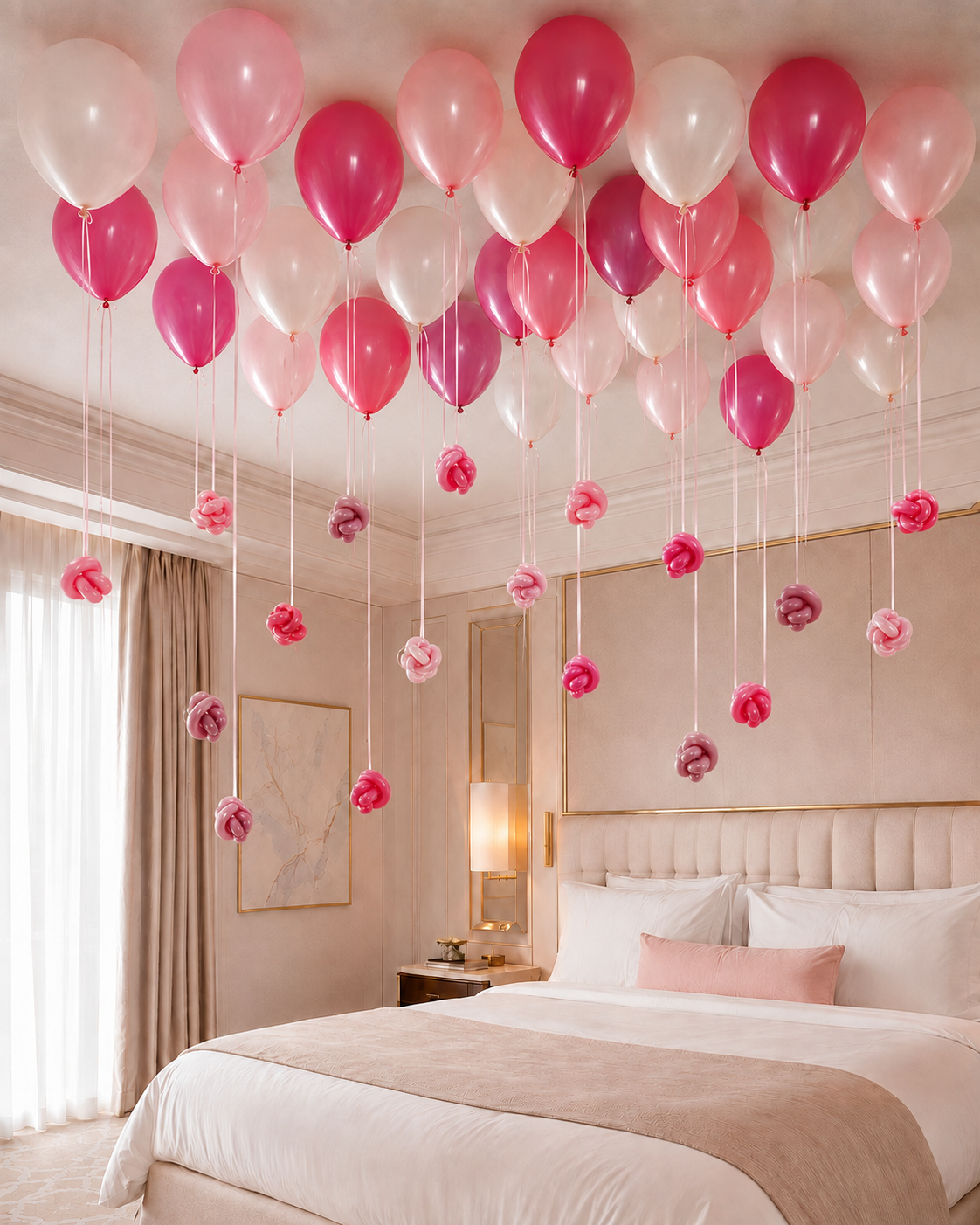 Luxury hotel room with 30 blush pink ceiling balloons and 15 handmade balloon rose drops in Toronto