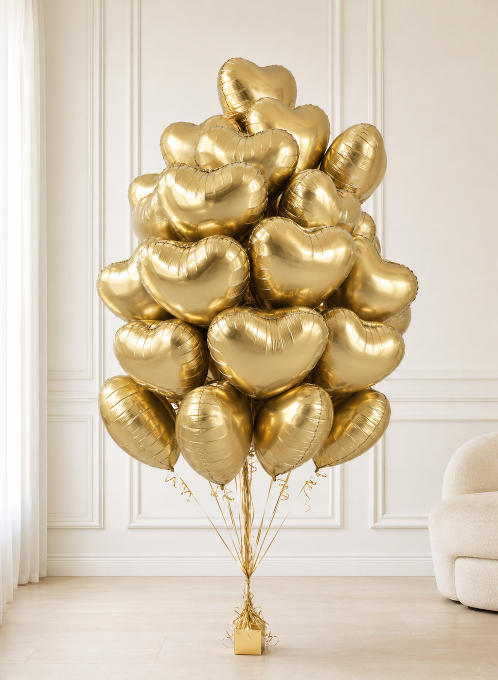 Luxury bouquet of 30 metallic gold heart foil balloons for birthday and event delivery in Toronto