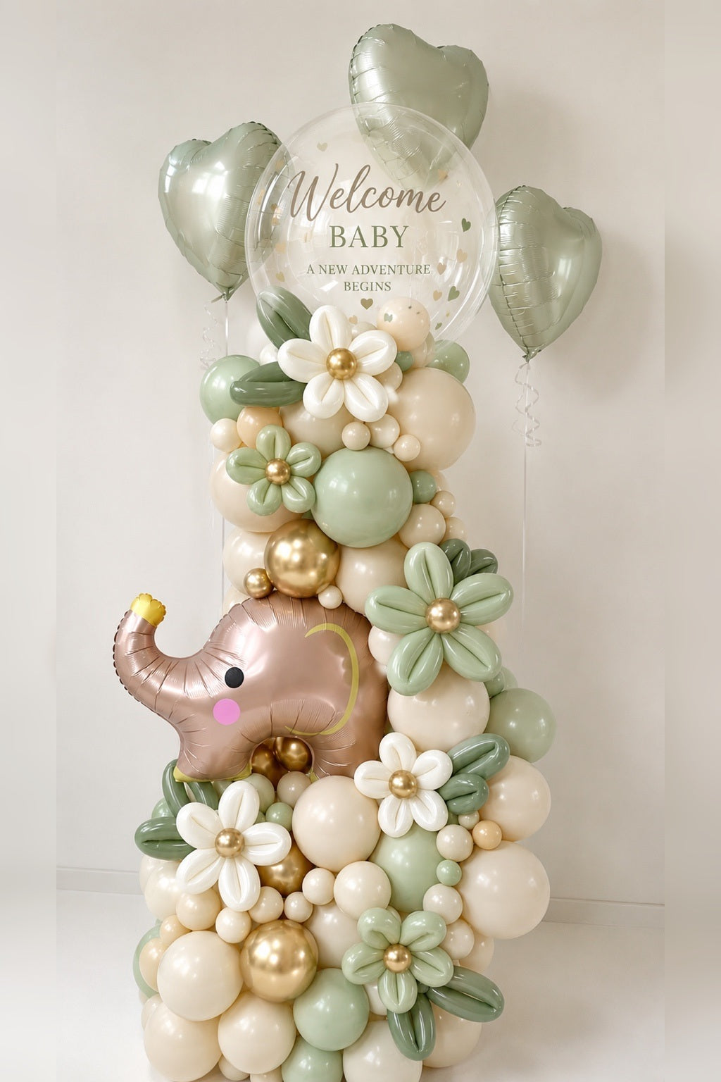 Luxury welcome baby balloon arrangement in sage, ivory and champagne gold with elephant balloon and personalized bubble