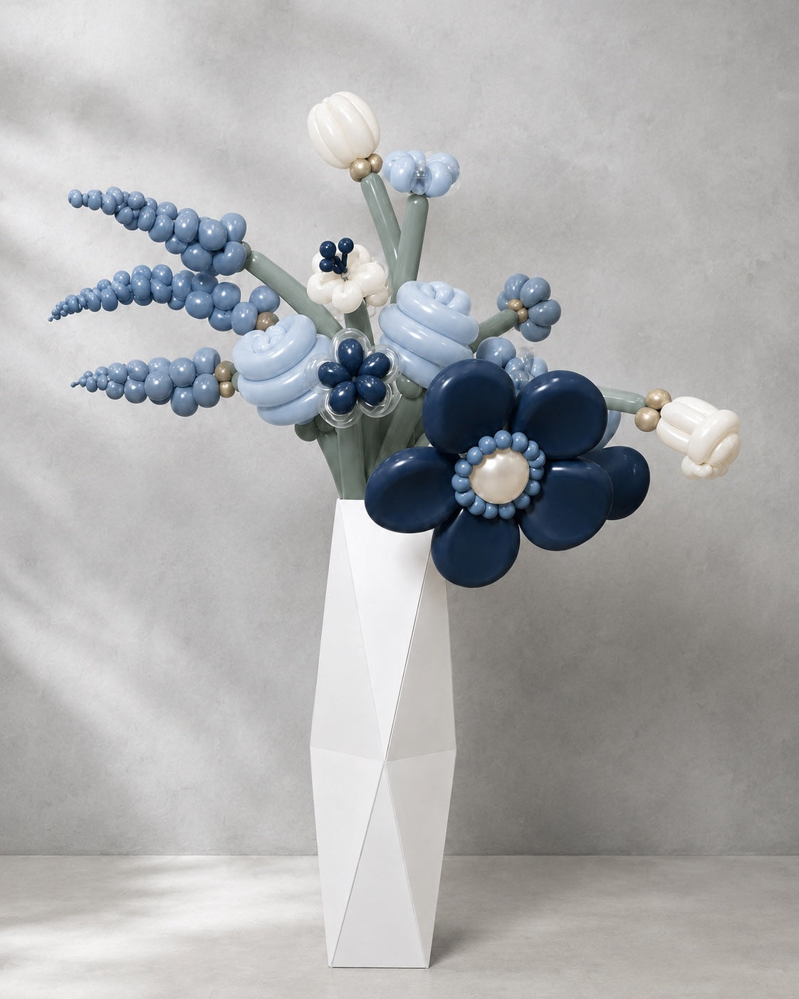 Midnight blue, powder blue and pearl flower balloon bouquet in Toronto