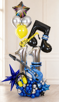 Luxury blue silver and yellow music-themed number birthday balloon display in Toronto
