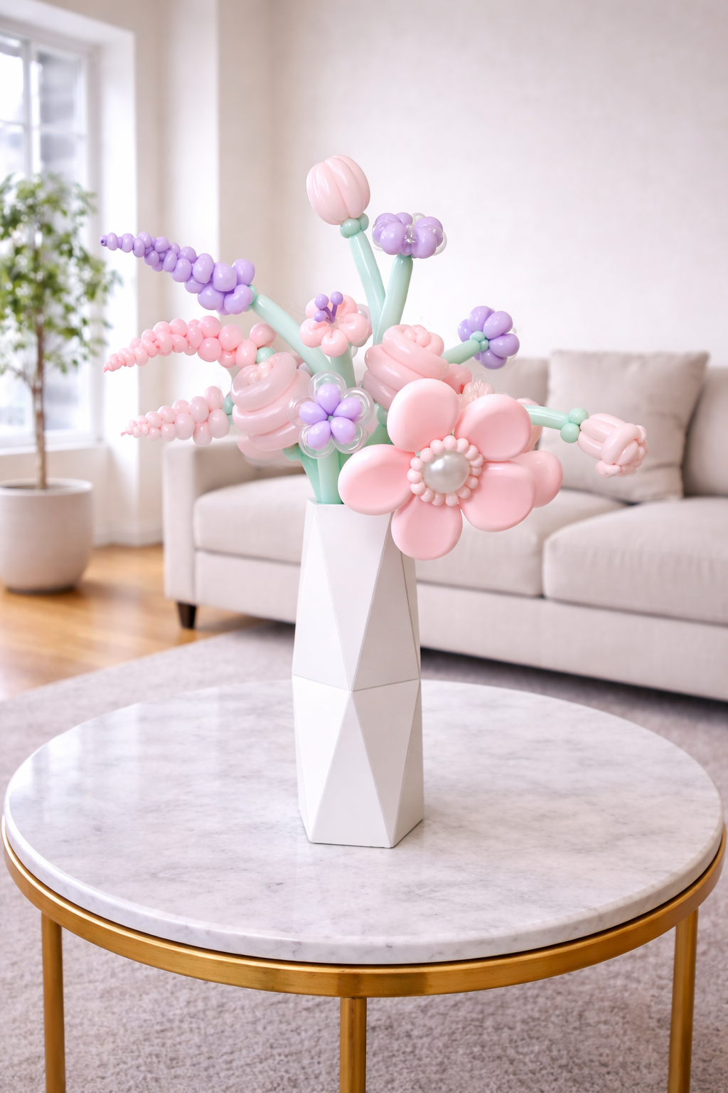 Handmade pastel pink and purple balloon flower bouquet for birthdays, showers, and gifts in Toronto