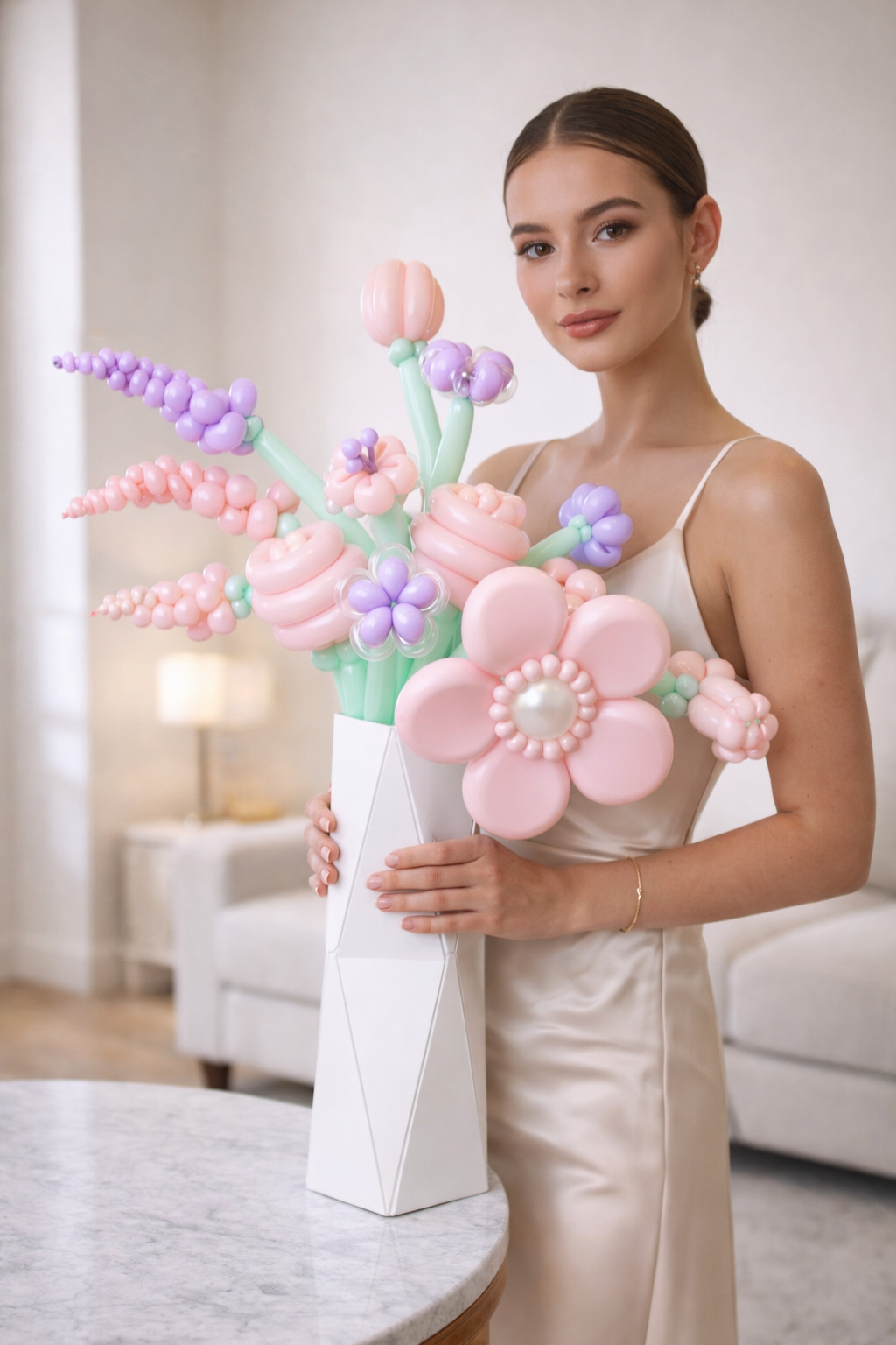 Pastel pink and purple balloon flower bouquet in a decorative vase, available in Toronto and the GTA